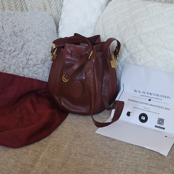 Cartier Must Line Drawstring Shoulder Bag Bordeaux Leather ...Authentic.. - Picture 1 of 14